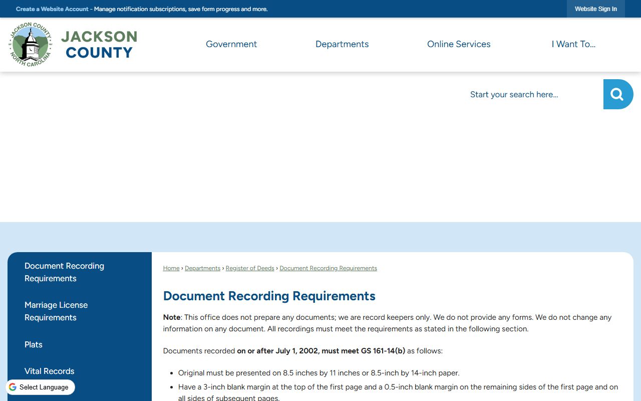 Jackson County Clerk of Superior Court records and Register of Deeds recording requirements