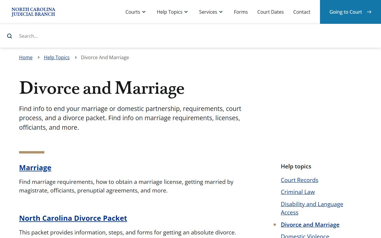 North Carolina divorce and marriage help topic