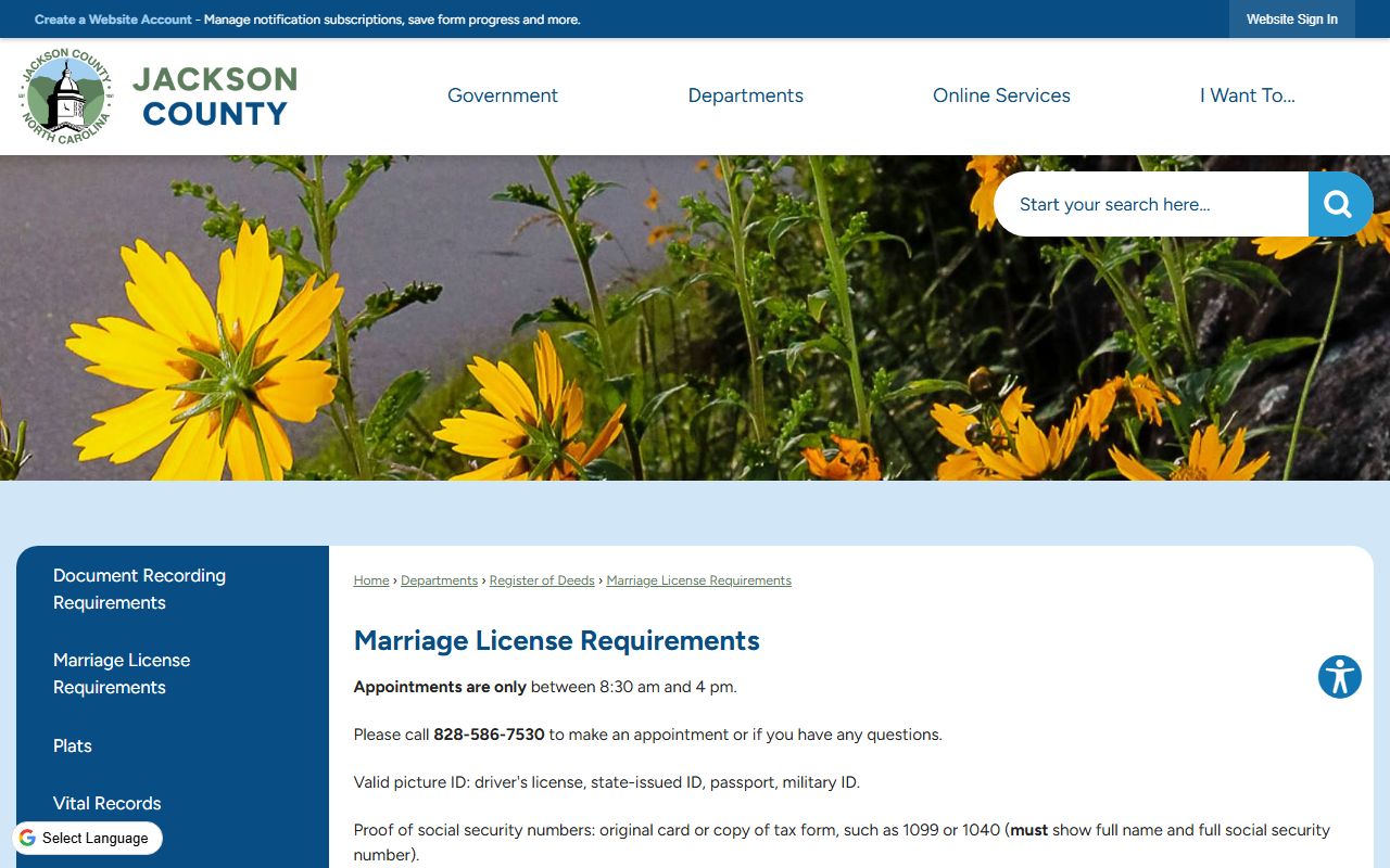 Jackson County marriage license requirements page