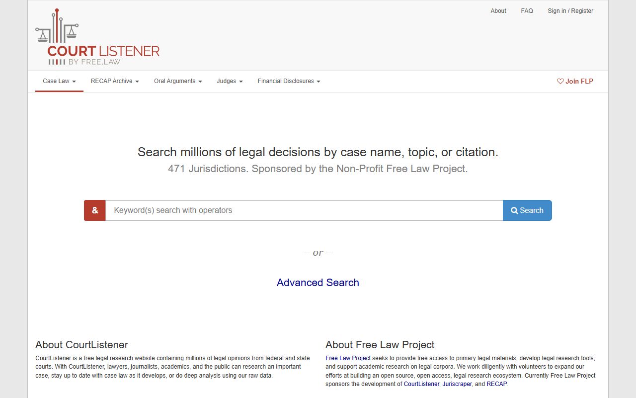 CourtListener legal research page for court records