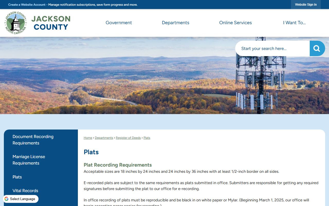 Jackson County plats page for Register of Deeds records