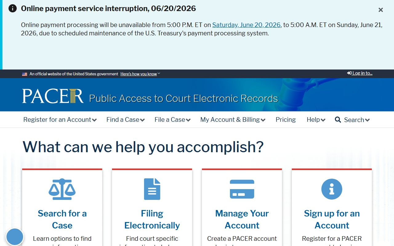 PACER federal court records homepage