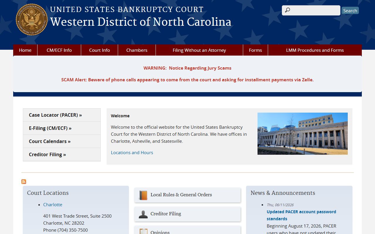 U.S. Bankruptcy Court Western District of North Carolina homepage