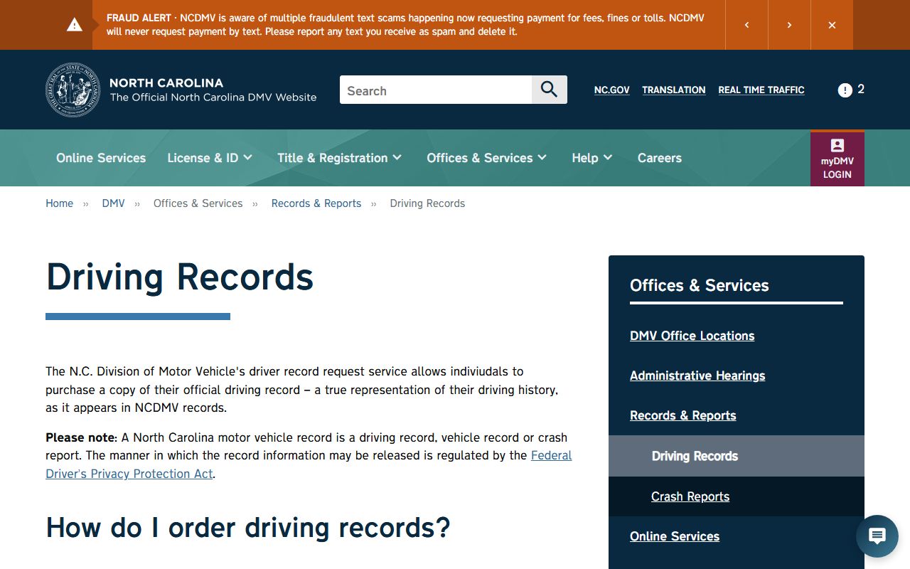 NCDMV driving records page for North Carolina driver history