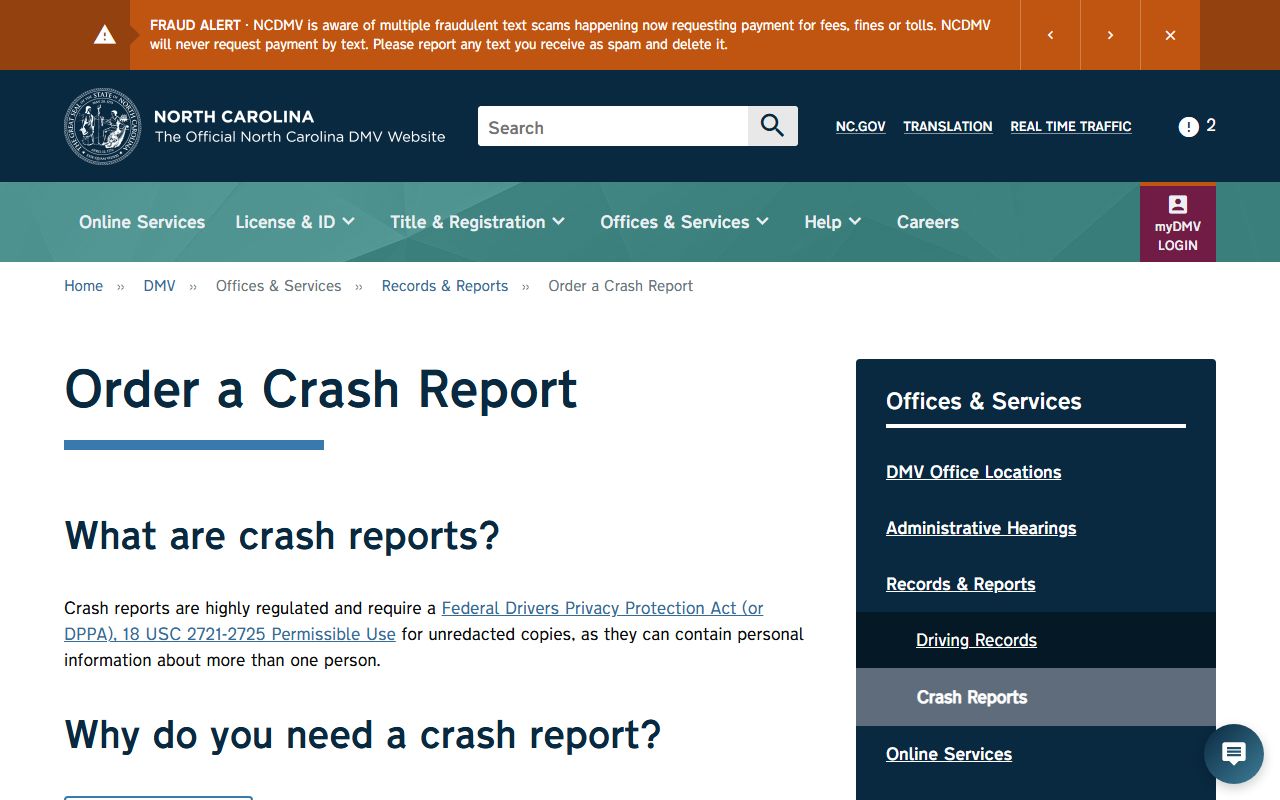 NCDMV crash report ordering page