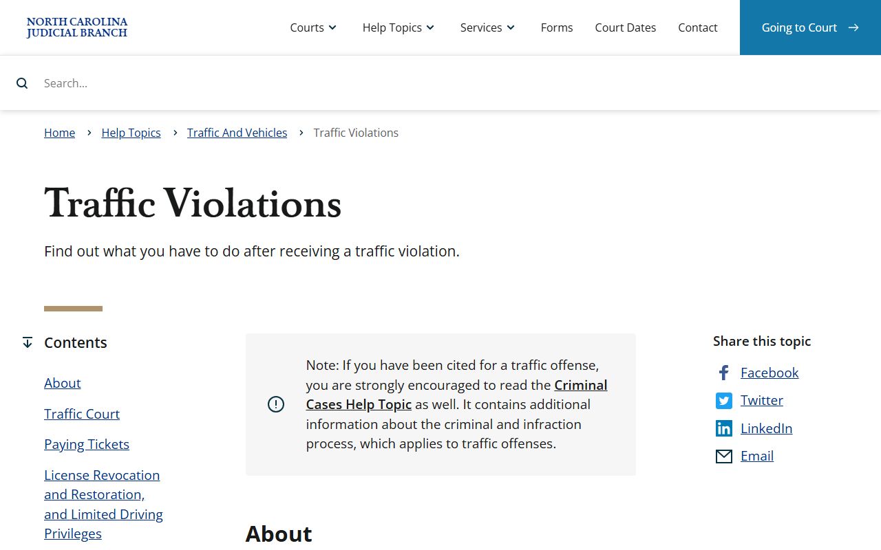 North Carolina traffic violations help page for traffic citations