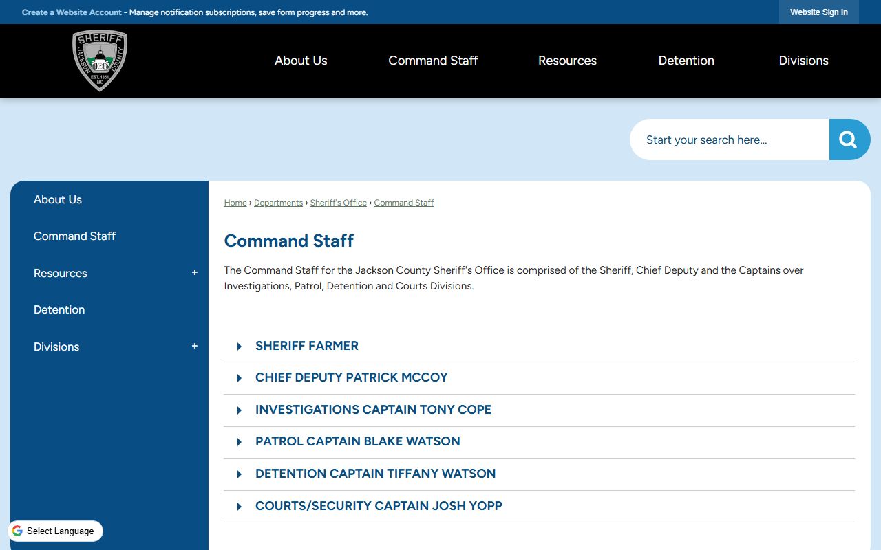 Jackson County warrant records Sheriff command staff