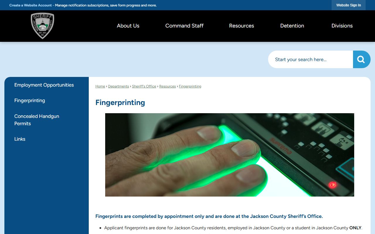 Jackson County warrant records Sheriff fingerprinting services